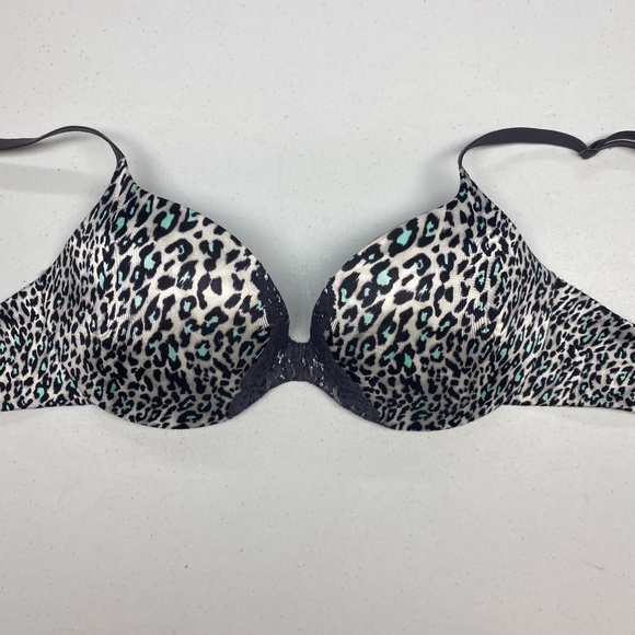 LS BLK/WHT Animal Print Pushup Plunge, 36C. *P1034